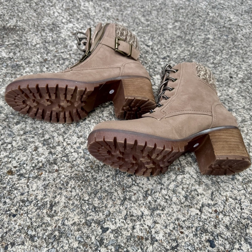 MIA Women's Size 8.5 Taupe Vegan Leather Suede Ankle Booties Lug Sole Block Heel - Picture 12 of 14